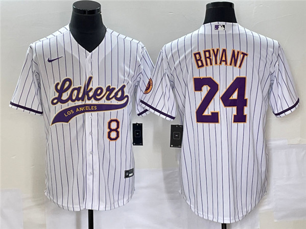 Men's Los Angeles Lakers Front #8 Back #24 Kobe Bryant White Cool Base With Patch Stitched Baseball Jersey